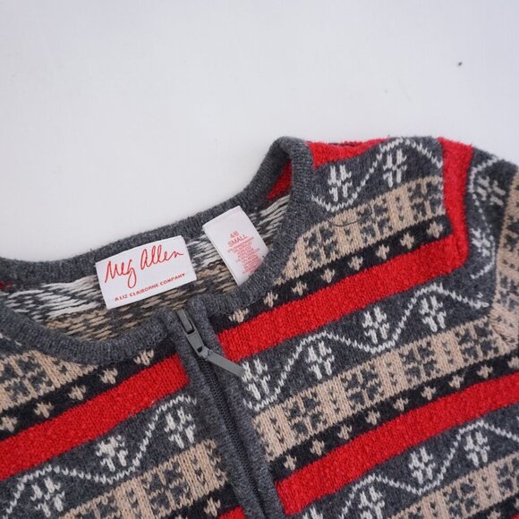 Vintage Liz Claiborne Grey Knit 10% Wool w Red Design Zip Up Cardigan Sweater S - Picture 10 of 10